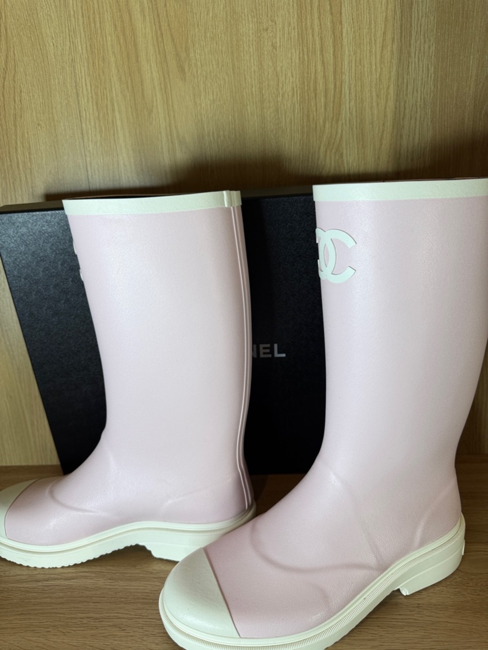 CHANEL Pale Pink and White Rubber Knee-High Rain Boots - Picture 3 of 11